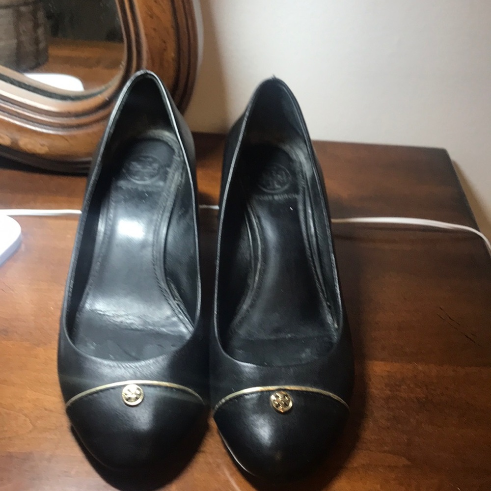 Tory Burch size 6.5 wedge heels, black leather